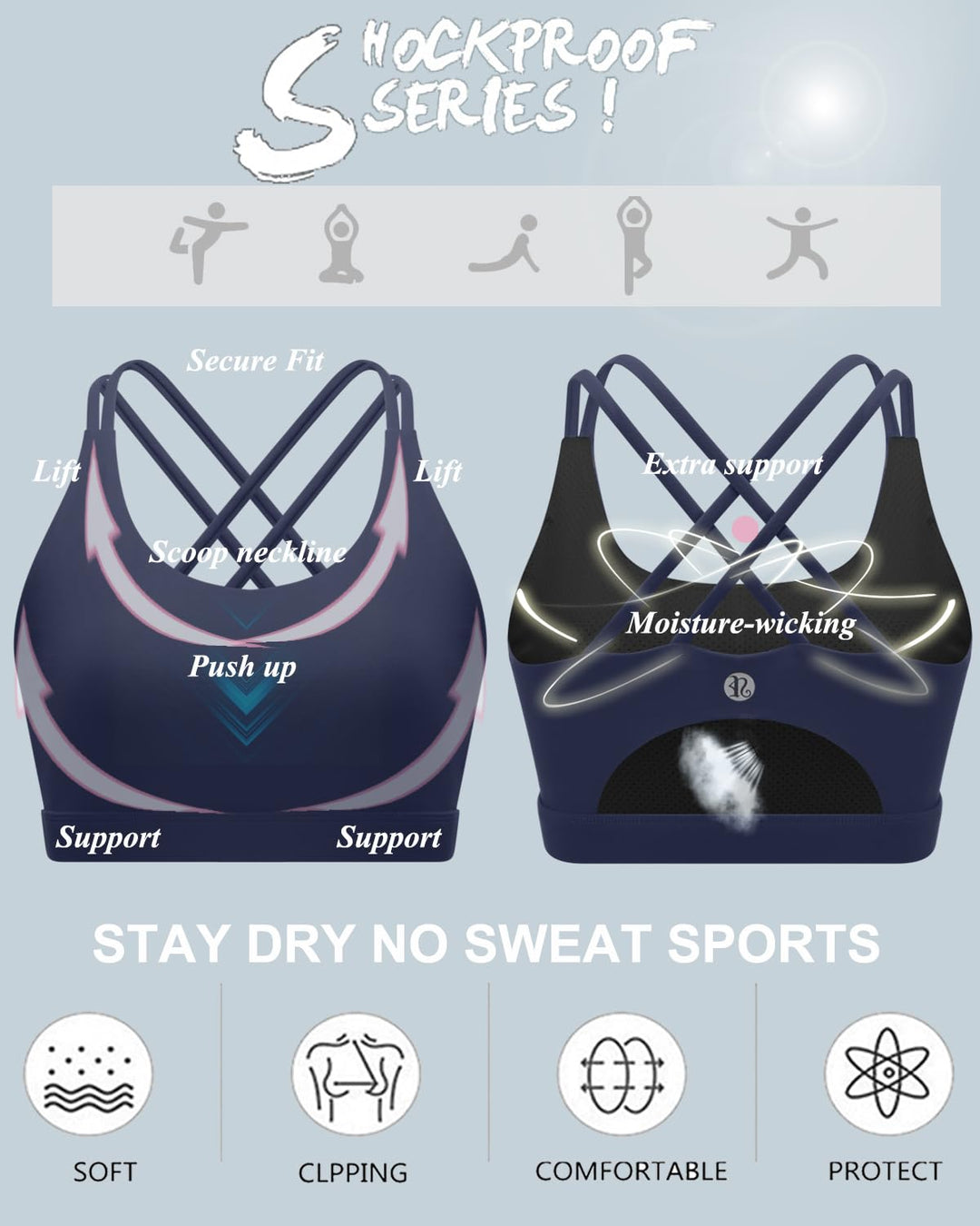 Sports Bras for Women,Padded Blue Sports Bra Tank Top Sexy Crisscross Back High Impact Longline Workout Yoga Bra(WX2354Navy Blue,XS)