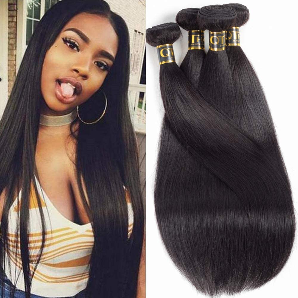 Qthair 14A Virgin Hair Indian Straight Human Hair(18 20 22 24,400G) 100% Unprocessed Straight Bundles Human Hair Weave Natural C