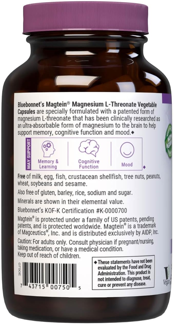 Bluebonnet Nutrition Magnesium L-Threonate, Memory & Cognitive Support*, Non-GMO, Vegan, Kosher Certified, Gluten-Free, Soy-Free, 90 Vegetable Capsules, 30 Servings