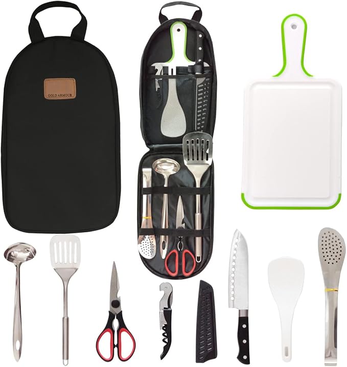 Camp Kitchen Utensil Organizer Travel Set Portable BBQ Camping Cookware Stainless Steel Utensils Travel Kit Outdoor Equipment Cutting Board Tongs Scissors Knife Ladle Spatula