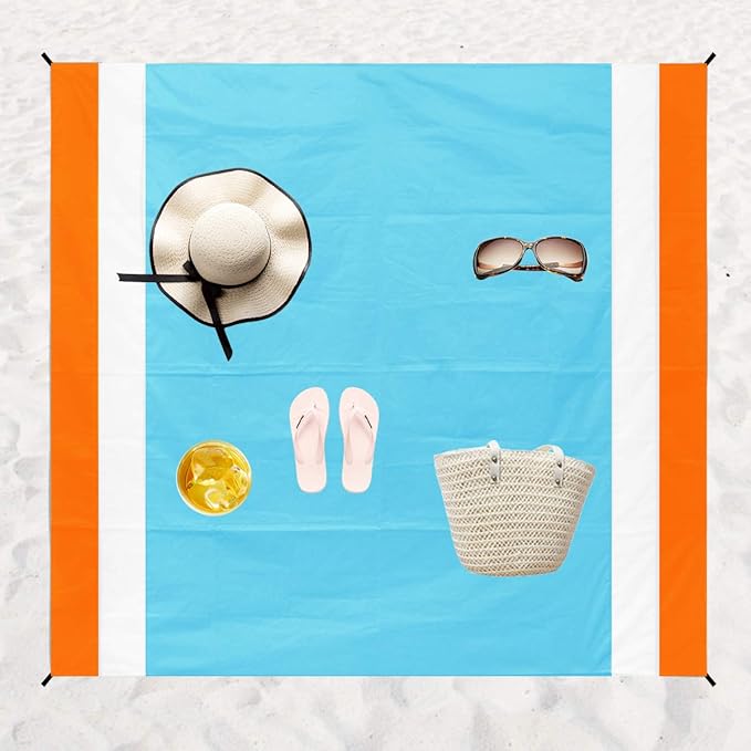 Aitey Sand Free Beach Blanket, Waterproof Beach Mat Compact Outdoor Blanket Ideal for Picnic, Travel, Hiking, Camping and Music Festivals with 4 Stakes, 4 Corner Pockets and Bag - 82"x 79"(Blue)