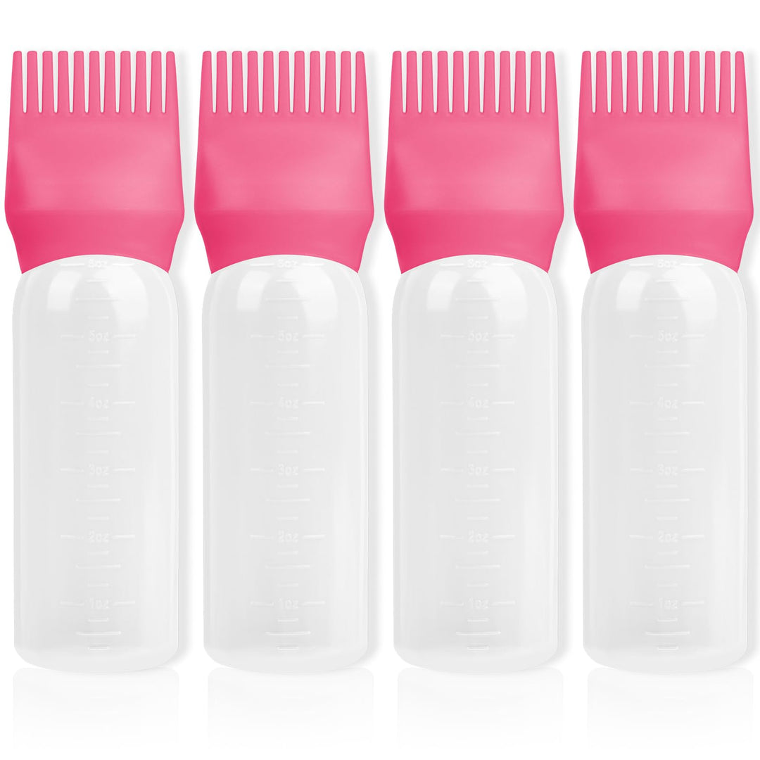 BLAAROOM Root Comb Applicator Bottle 6 Ounce, 4 Pack Hair Oil Applicator Bottle, Hair Dye Bottle Applicator Tools with Hair Oil Dispenser Root Comb Brush for Hair Oiling Applicator - Dark Pink