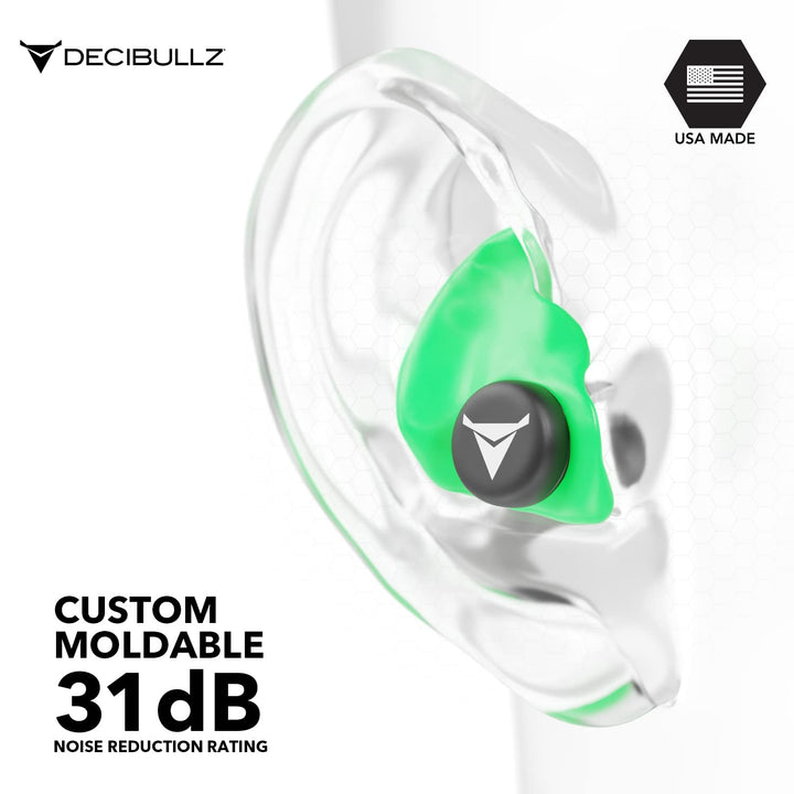 Decibullz - Custom Molded Earplugs, 31dB Highest NRR, Comfortable Hearing Protection for Shooting, Travel, Swimming, Work and Concerts (Green)