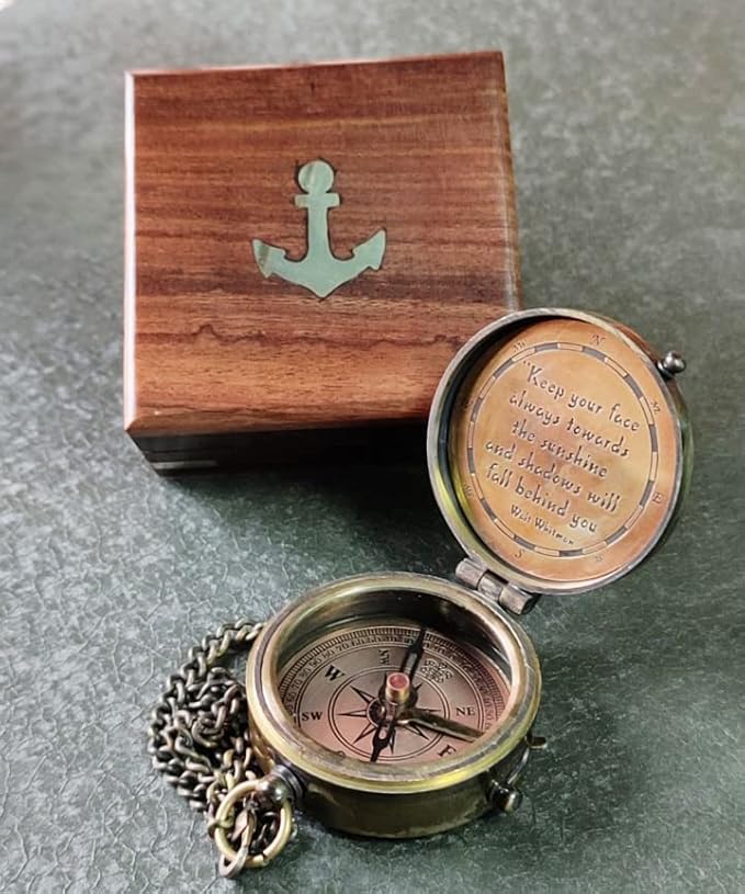 Keep Your Face Always Toward The Sunshine, and Shadows Will Fall Behind You Engraved Compass with ‎Wooden Box, Camping Compass, Graduation Day Gifts for Son, Love, Sister, Husband, Wife, Fiancé.