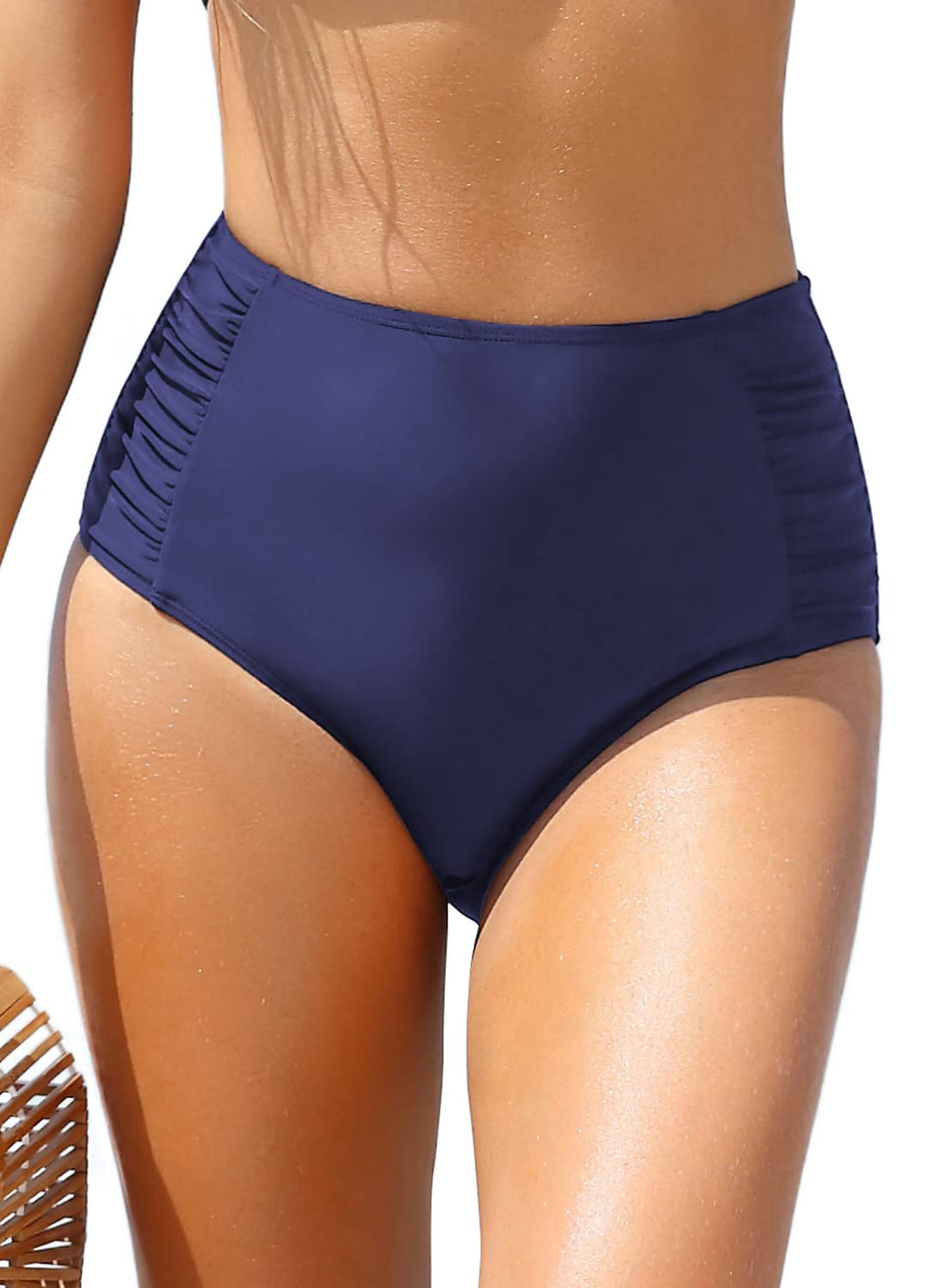 SHEKINI Women's Retro Bikini Bottom Ruched Swimsuit Bottoms High Waisted Bathing Suit Bottom（Deep Blue, Medium）