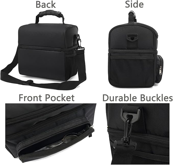 FlowFly Double Layer Cooler Insulated Lunch Bag Adult Lunch Box Large Tote Bag for Men, Women, With Adjustable Strap,Front Pocket and Dual Large Mesh Side Pockets