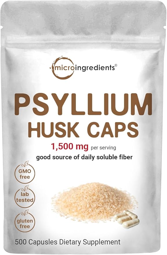 Psyllium Husk Caps 1,500mg, 500 Capsules | Soluble Fiber Supplement | India Origin | Natural Prebiotics & Probiotics | Gut & Digestive Health Support | Non-GMO, Gluten Free
