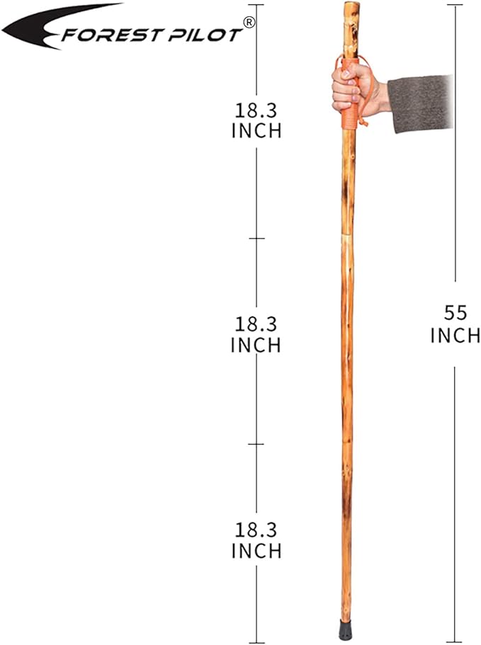 3pc Detachable Fir Wood Walking Stick for Hiking with Compass 55 Inches - with Animal Carving - Soft Hand Strap - Rubber Tip Cover