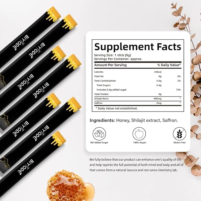 Taste of Honey Shilajit | Pure Himalayan Shilajit | Ashwagandha, Gokshura | Fulvic Acid & 85+ Trace Minerals for Men, Women | Non-GMO | Lab Tested | 30 Sticks