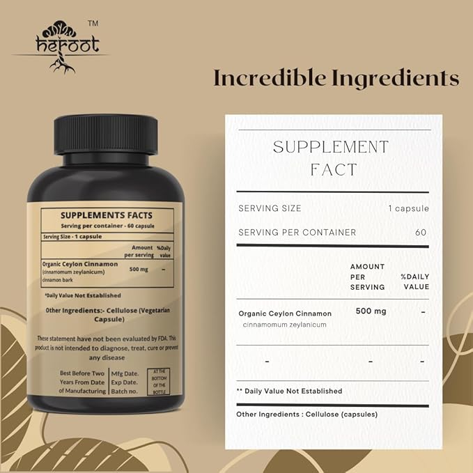 Organic Ceylon Cinnamon Capsules| Pack of 60| Free from additives, preservatives, and Artificial Flavoring|100% Pure| Unflavored, Herbal Natural Supplement| Vegan, Non-GMO and Chemical Free