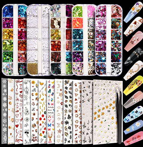 Teenitor 12 Sheets Nail Art Sticker Self-Adhesive, Flower Nail Stickers 5D Embossed Nail Decals, 5 Boxes Nail Glitter Sequins Flakes, Nail Art Design Tools Self Adhesive