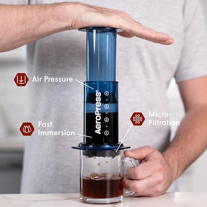 AeroPress Clear Blue Coffee Press – 3 In 1 Brew Method Combines French Press, Pourover, Espresso, Full Bodied Coffee Without Grit or Bitterness, Small Portable Coffee Maker for Camping & Travel, Blue