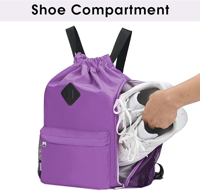 WANDF Drawstring Backpack Sports Gym Bag with Shoes Compartment, Water-Resistant String Backpack Cinch for Women Men(Large,Purple)