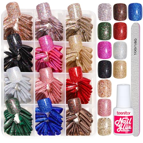 Teenitor Short Press on Nails,288PCS Glitter Square Press on Nails, Fake Nails, Short False Nails, Finger Nails