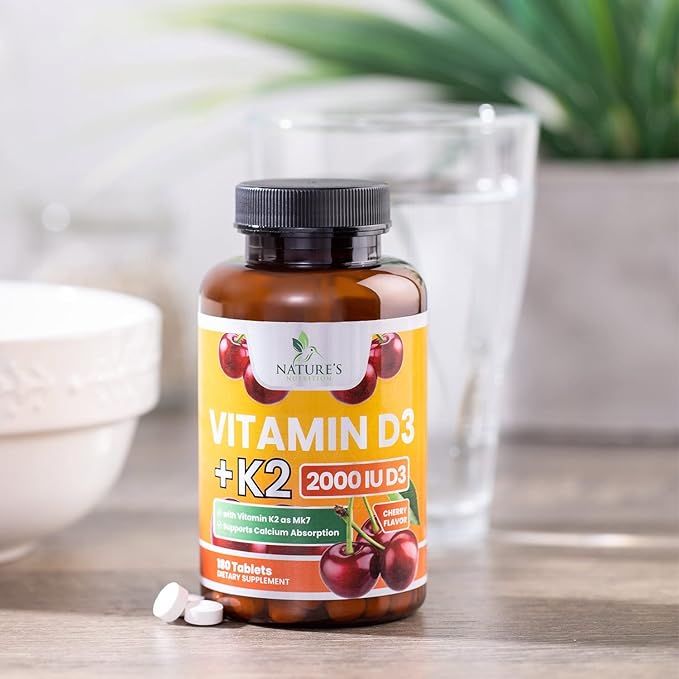 Vitamin D3 K2 2000 IU Plus with K2 (MK-7) 75 mcg - Vitamins D & K Complex Supplement for Bone, Teeth, Muscle, Calcium Absorption, Supports Immune & Heart Health, Non-GMO Chewable Formula - 180 Tablets