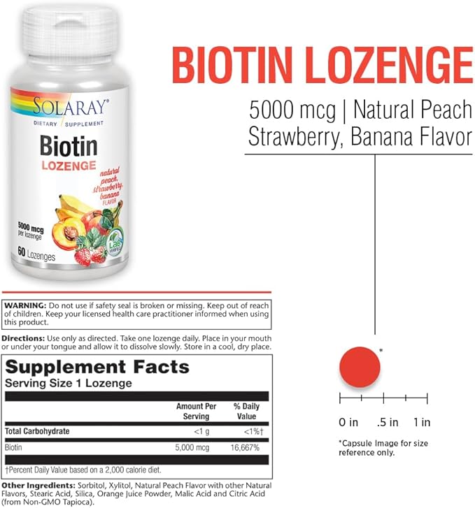 SOLARAY Biotin 5000 mcg | Natural Peach, Strawberry, Banana Flavor | Healthy Hair, Skin & Nails Support | 60 Lozenges