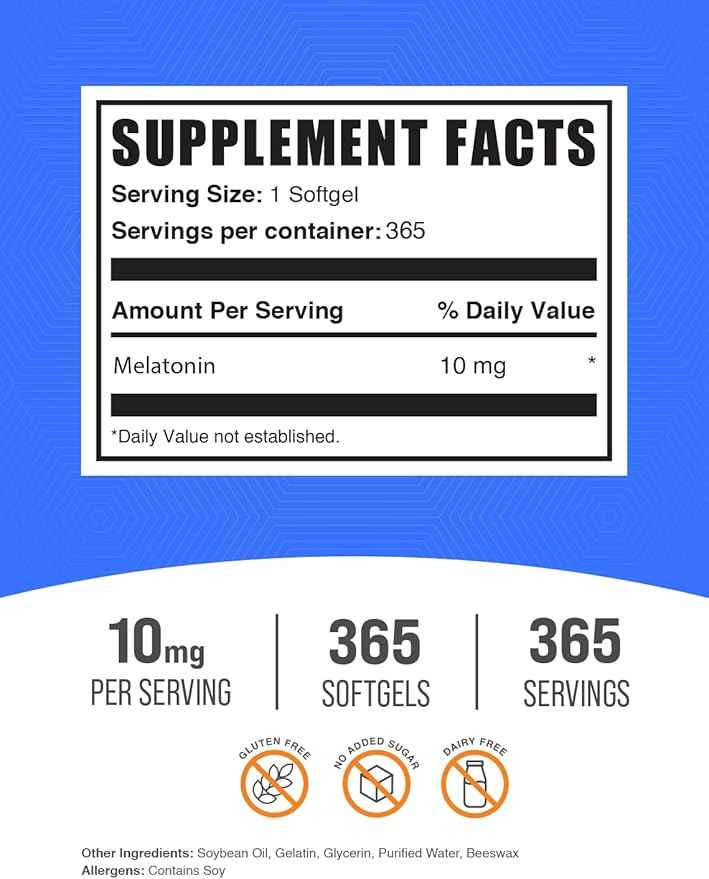 BulkSupplements.com Melatonin 10 mg Softgels - Melatonin for Adults, Sleep Supplement - 10mg Melatonin per Serving, Gluten Free, 1 Softgel per Serving, 365 Count (Pack of 1)