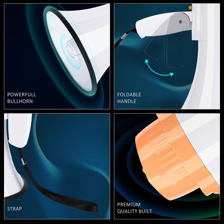 30 Watt Power Portable Megaphone Bullhorn Speaker Voice, Siren/Alarm and 240S Recording with Volume Control and Strap (White Orange)