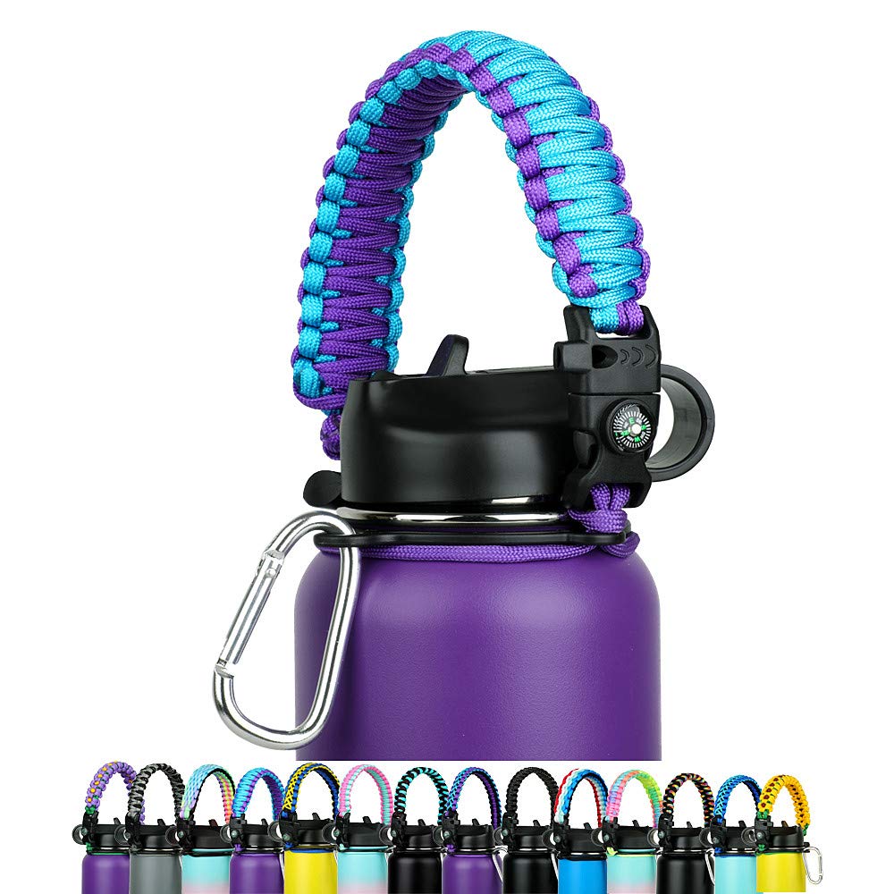 Paracord Handle - Fits Wide Mouth Bottles 12oz to 64oz - Durable Carrier, Paracord Carrier Strap Cord with Safety Ring,Compass and Carabiner - Ideal Water Bottle Handle Strap (Purple Blue Wide)