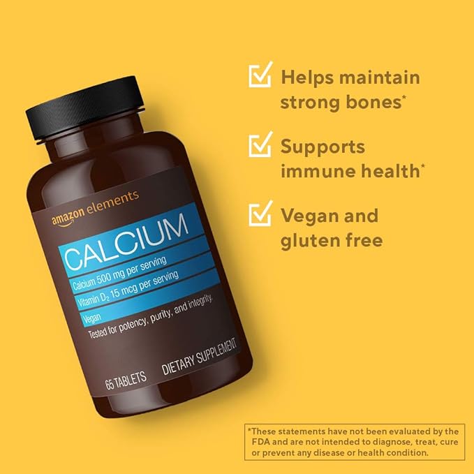 Amazon Elements - Calcium, plus Vitamin D2, 65 Tablets (2 month supply) (Packaging may vary), Calcium Supplements