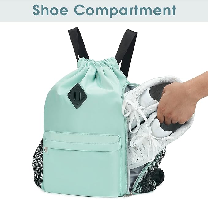 WANDF Drawstring Backpack Sports Gym Bag with Shoes Compartment, Water-Resistant String Backpack Cinch for Women Men (Large,Mint green)
