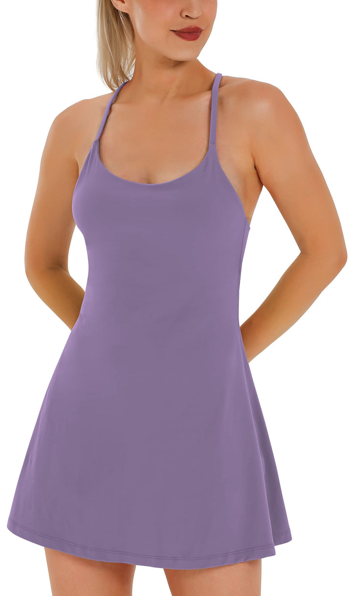 Womens Tennis Dress, Workout Dress with Built-in Bra & Shorts Pockets Summer Dress for Golf Athletic Dresses for Women Lavender