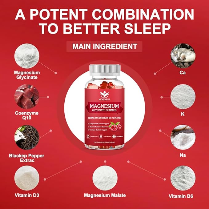 Magnesium Glycinate Gummies - 400mg Magnesium Glycinate Gummies with Vitamin D, B6, and CoQ10, Magnesium Supplement for Relaxation and Cognition, Sugar Free - 60 Raspberry Gummies (2 Pack)