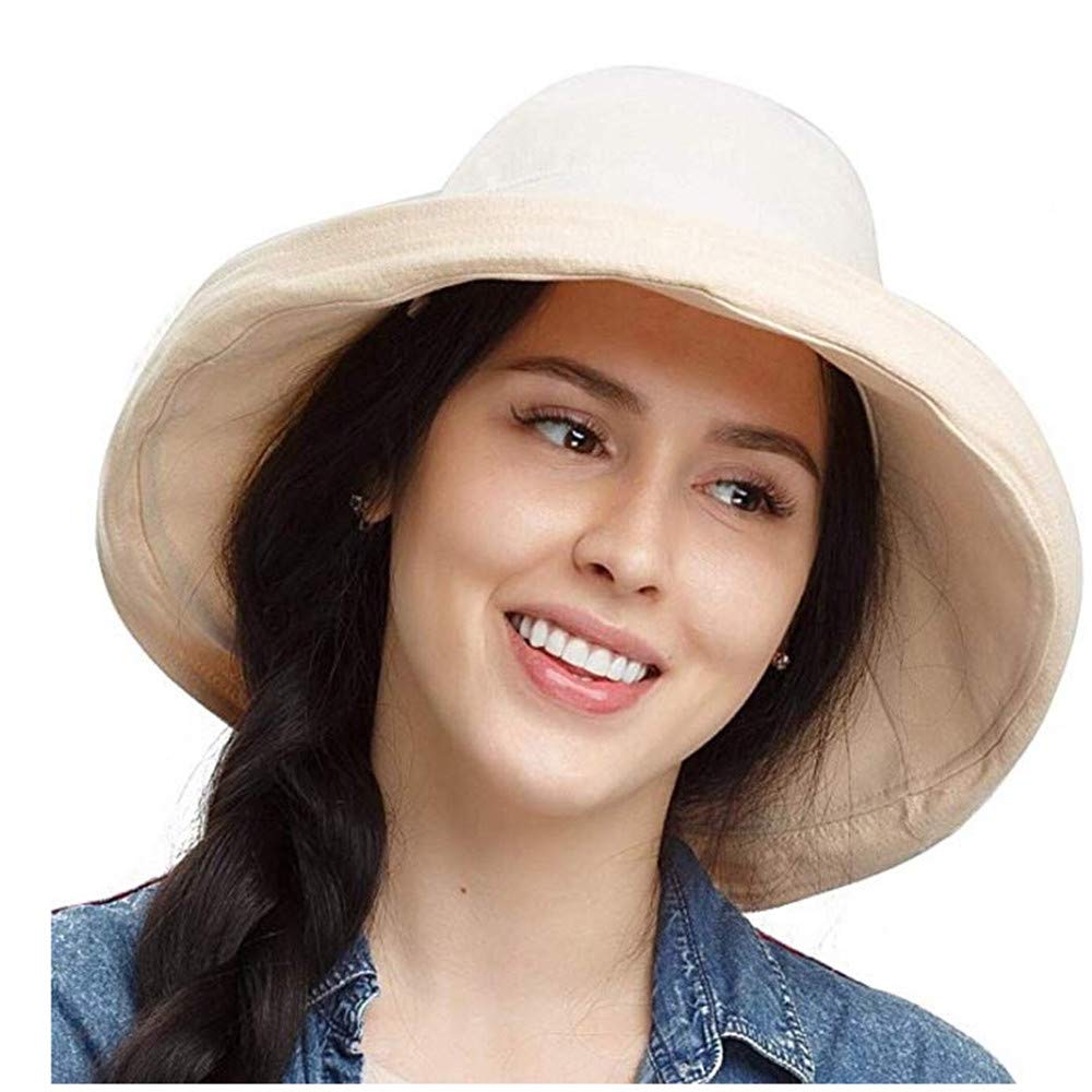 yelesley Cotton Linen Wide Brim Bucket Hats for Women Foldable Beach Sun Protection Hats with Chin Strap Beige