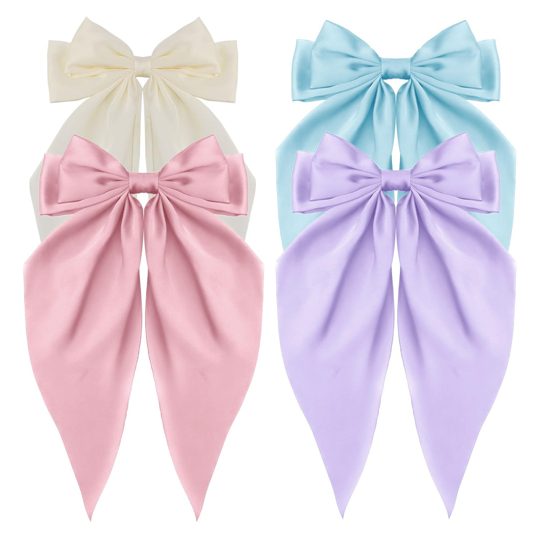 Atoden Women'S Hair Accessories - 4Pcs Oversized Satin Long Tail Bowknot Hair Clips With Metal Barrettes In Beige, Pink, Blue, P