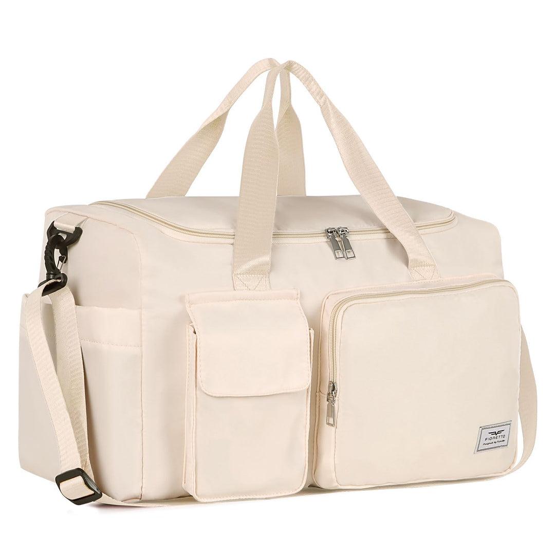 FIORETTO Women's Water-Resistant Gym Duffle Bag with Shoes Compartment, 37L Capacity, Multi-Functional, Ideal for Travel, Gym, Sports, Weekender, Beige