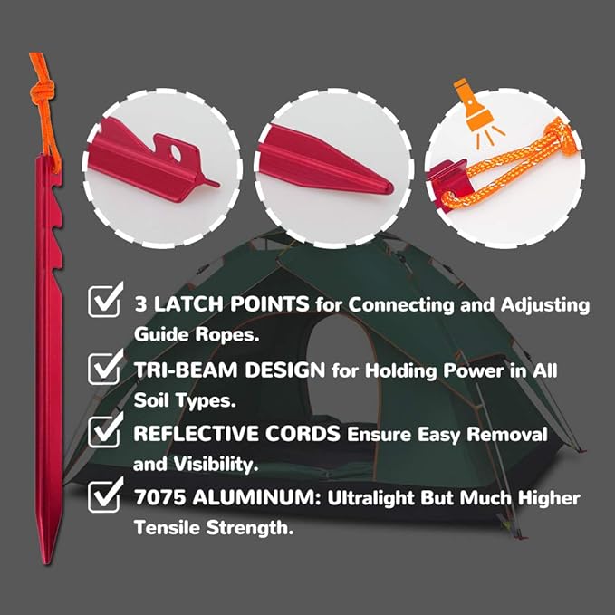 7075 Aluminum Tent Stakes 15 Pack - Ultralight Tri-Beam Tent Pegs with Reflective Rope - Essential Tent Accessories for Camping, Rain Tarps, Hiking, Backpacking