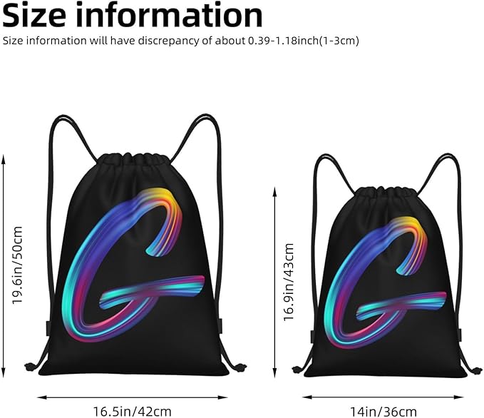 Drawstring Bags Initial Drawstring Backpack Sackpack Black Draw String Cinch Bags for Sports, Gym, Travel, Swimming, Beach, Camping, Rainbow Letter G