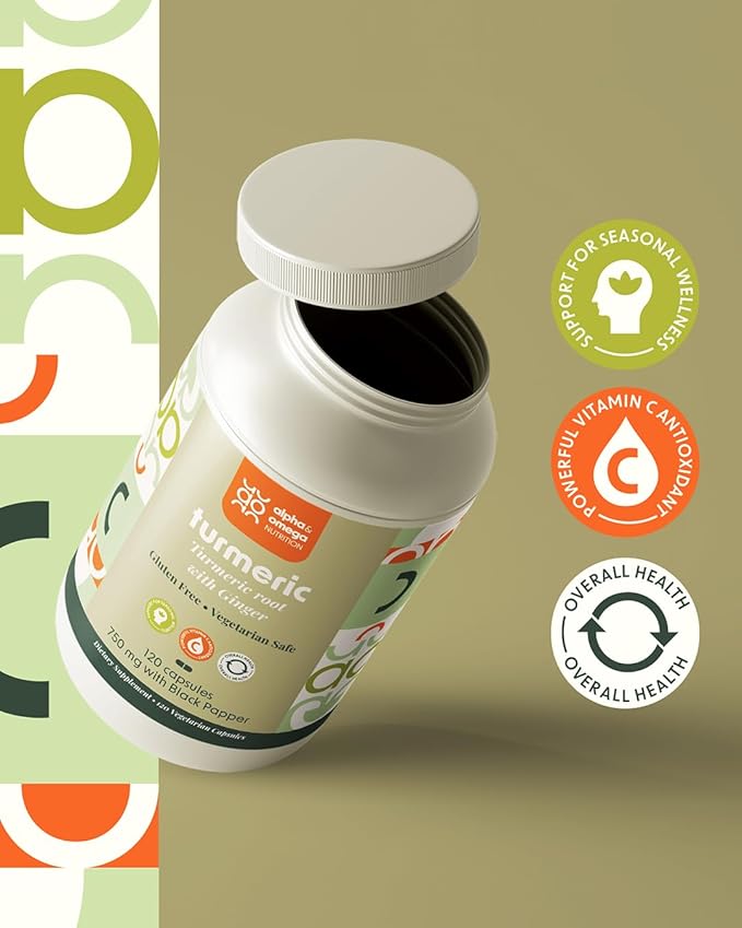 Alpha & Omega Nutrition Turmeric 1500mg with Ginger and Black Pepper, Joint Support Supplement with Turmeric and Ginger Root Powder, 120 Veggie Caps, 2 Month Supply
