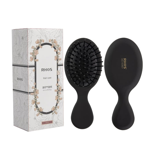 RHOS Mini Hair Brush for Women,Men and Kids-Travel Size Hair Brush for Purse,Pocket,backpack-Small Cushion Paddle Brush with Soft Bristles-Mini Detangler Brush for All Hair Types(1 Pack-Black)