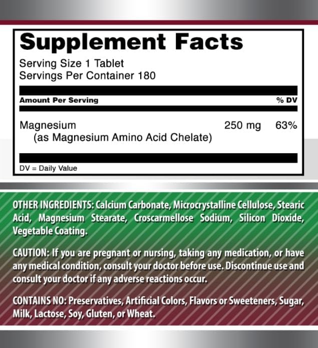 Amazing Formulas Chelated Magnesium Supplement | 250 Mg | 180 Tablets | Non-GMO | Gluten-Free | Made in USA