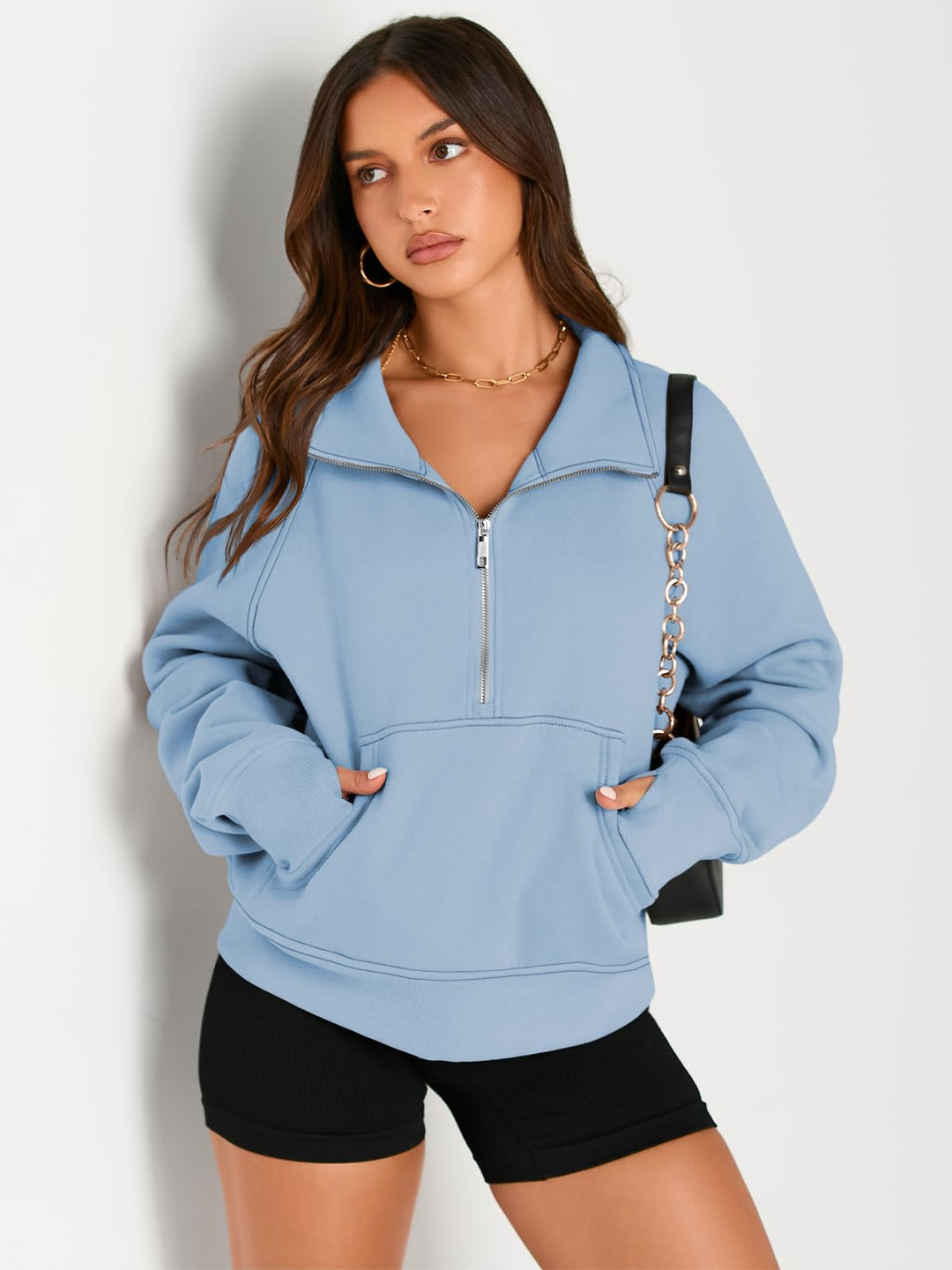 AUTOMET Womens Sweatshirts Half Zip Cropped Pullover Fleece Quarter Zipper Hoodies 2024 Fall Fashion Outfits Clothes Thumb Hole Lightblue
