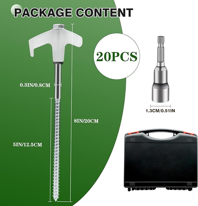 20Pcs 8" Glow in Tent Pegs Ground Stakes Heavy Duty Drill in Style Ground Anchor Peg Tent Spikes Metal Yard Stakes for Camping Patio Garden Awning Canopy Canopies Grassland (Hex Tool and Carry Case)