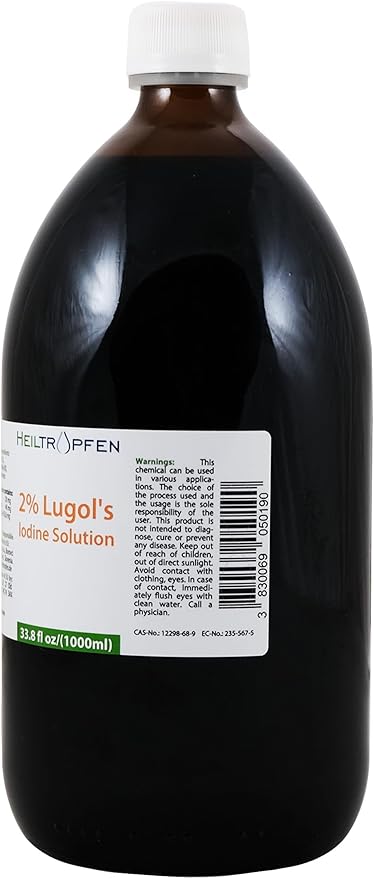 2% Lugols Iodine Solution | 33.8 Fl Oz - 1000 ml | Made with 2 Percent Iodine and 4% Potassium Iodide | Glass Bottle | Lugol's Solution | Heiltropfen®