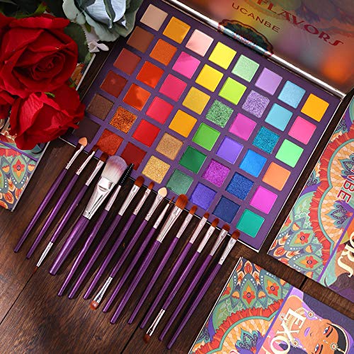 UCANBE EXOTIC FLAVORS Eyeshadow Palette + 15 PCS Eye Brushes Makeup Set 48 Colors Neon Shimmer Matte Glitter Eye Shadow Po.