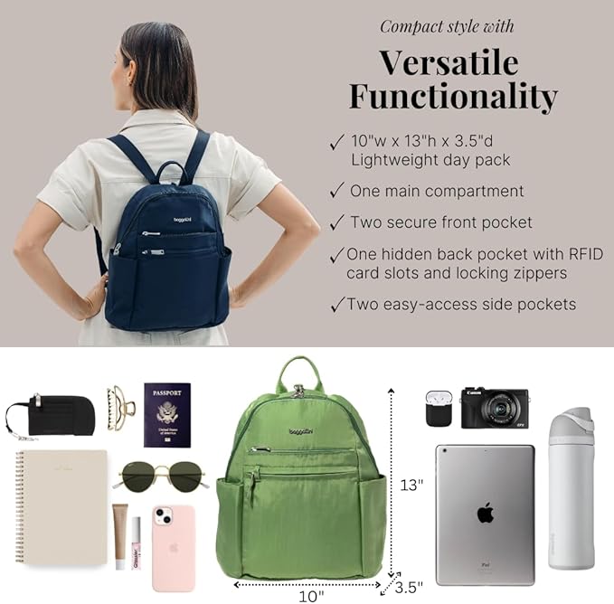Baggallini Securtex Anti-theft Vacation Backpack for Women - Lightweight Travel Backpack Locking Zipper & RFID Wallet