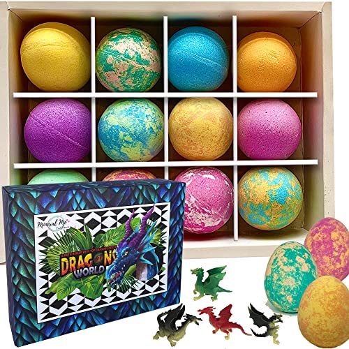 Bath Bombs for Kids with Surprise Inside - 12 Organic Bubble Bath Fizzies with Dragon Egg Toys. Gentle & Kids Friendly w/Rich Bubbles & Rainbow Colors, Birthday Gifts for Boys, Girls