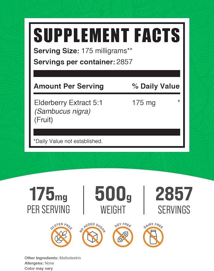 BulkSupplements.com Elderberry Extract Powder - Elderberry Supplements, from Black Elderberry - for Immune Support, Gluten Free - 175mg per Serving, 500g (1.1 lbs) (Pack of 1)