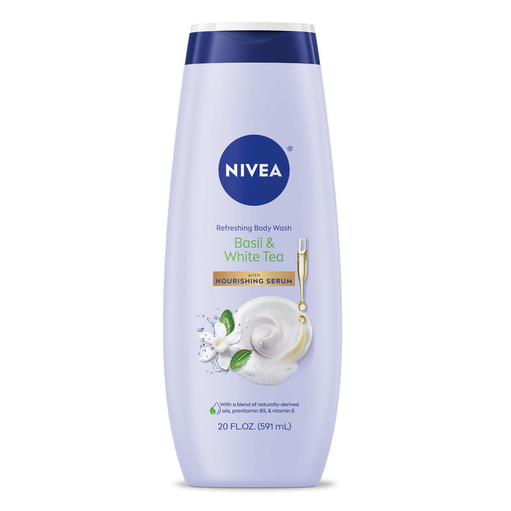NIVEA Refreshing Basil and White Tea Body Wash with Nourishing Serum, Scented Body Wash for Women, Enriched with Provitamin B5 and Vitamin E, 20 Fl Oz Bottle
