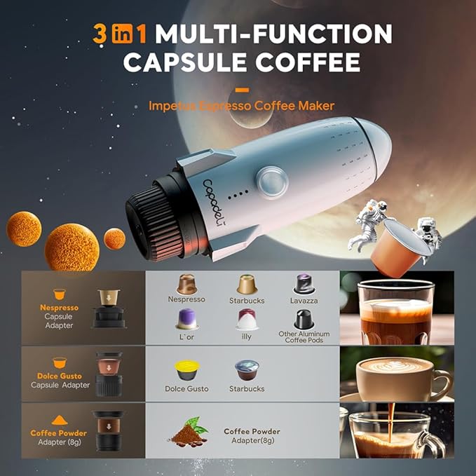 3 in 1 Portable Espresso Machine On the Go, Self-Heating Electric Espresso Maker, 19 Bar Mini Coffee Maker For Travel Camping & Hiking For Ground Coffee & NESPRESSO/DolceGusto Pod, Bright White