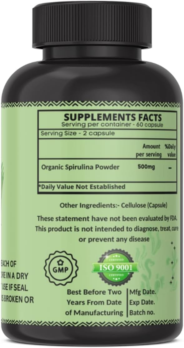 Organic Spirulina Protein Powder Capsules - Vitamins & Minerals for Energy - Vegetarian, Gluten Free 100% Pure Superfood for Optimal Health (60 Capsules)