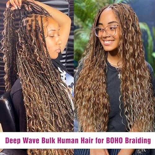 4/27 Honey Blonde Human Braiding Hair Deep Wave Bulk,Highlight No Weft Curly Hair Extensions for Boho Braids Wet and Wavy Braiding Human Hair Bundles(18inch,4/27,100g)