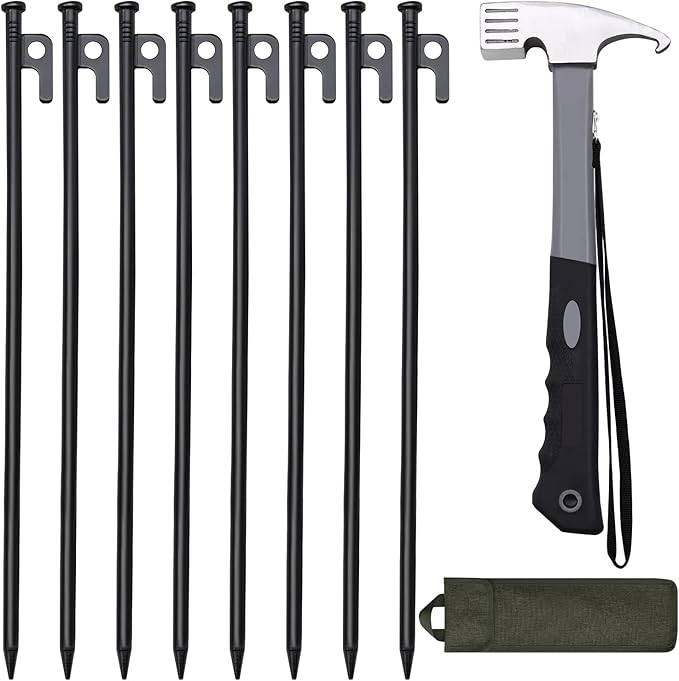 8pcs Tent Stakes and Hammer Set, 16in Heavy Duty Forged Steel Tent Stakes + Camping Hammer + Storage Pouch, Available in Rocky Place (8pcs 16in Stake+Hammer)
