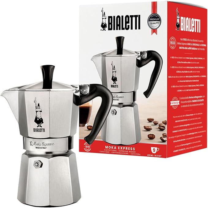 Bialetti - Moka Express: Iconic Stovetop Espresso Maker, Makes Real Italian Coffee, Moka Pot 9 Cups (14 Oz - 420 Ml), Aluminium, Silver