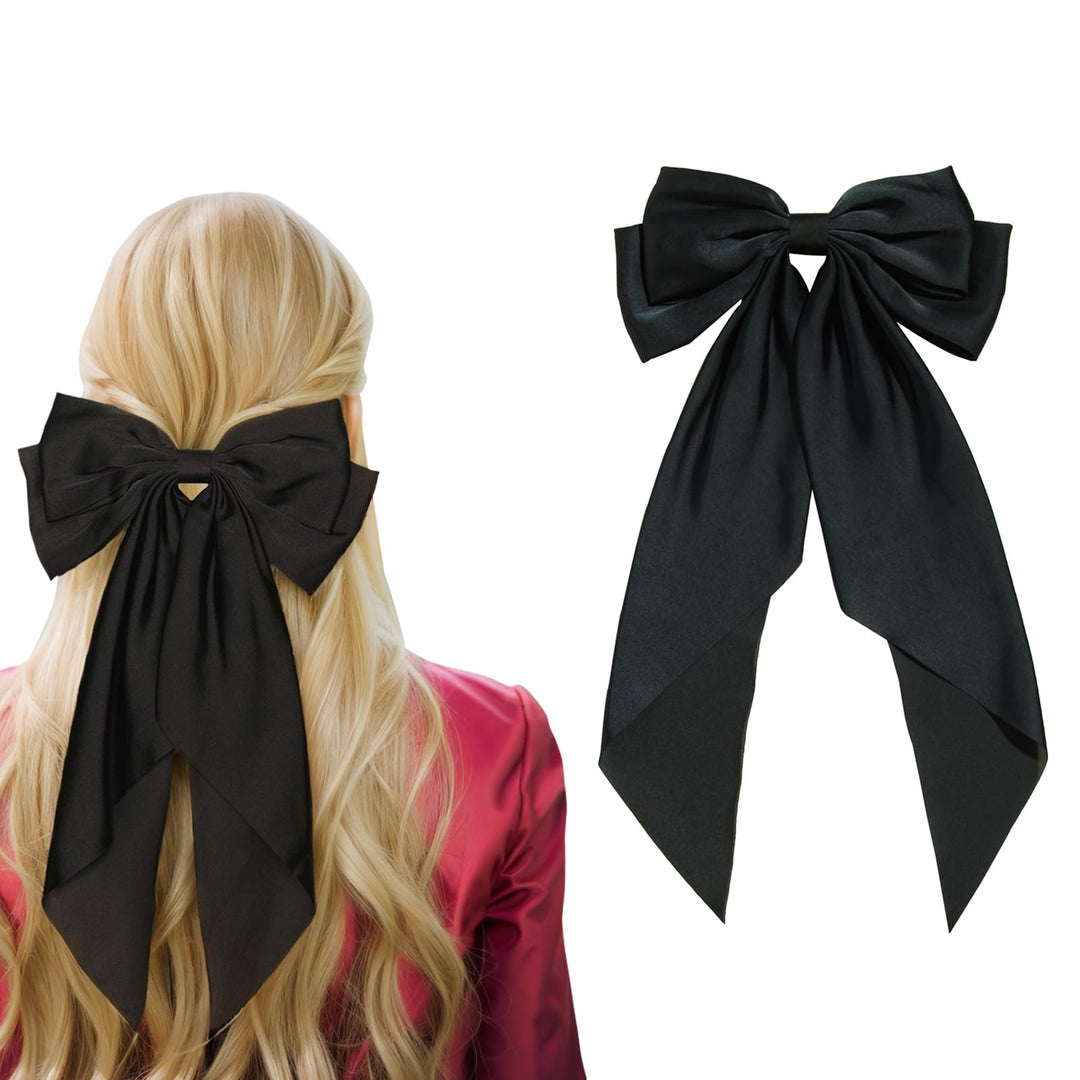 Women Big Bow Barrettes Girl'S Satin Hairclips Long Ribbon Hair Pins Accessories For Party, Hair Bows For Women, Black Bow For G
