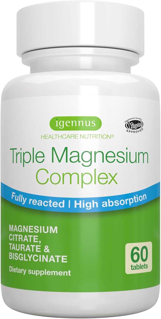 Igennus Advanced Triple Magnesium Complex, Fully Reacted & Chelated Glycinate, Taurate & Citrate, Clean Label, High Bioavailability & Absorption, 60 Tablets, Vegan, Non-Buffered